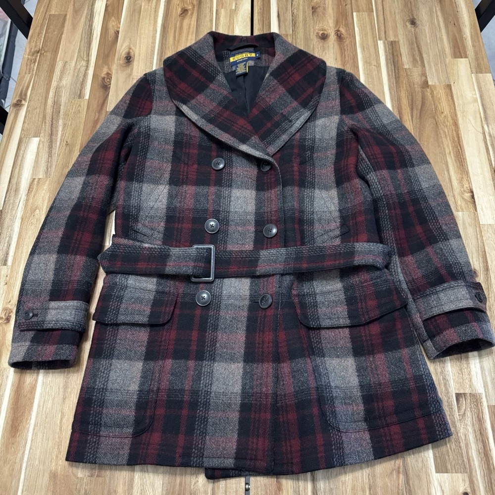 Vintage Ralph Lauren Rugby Pea Coat Womens S Plaid Double Breasted Belted Wool